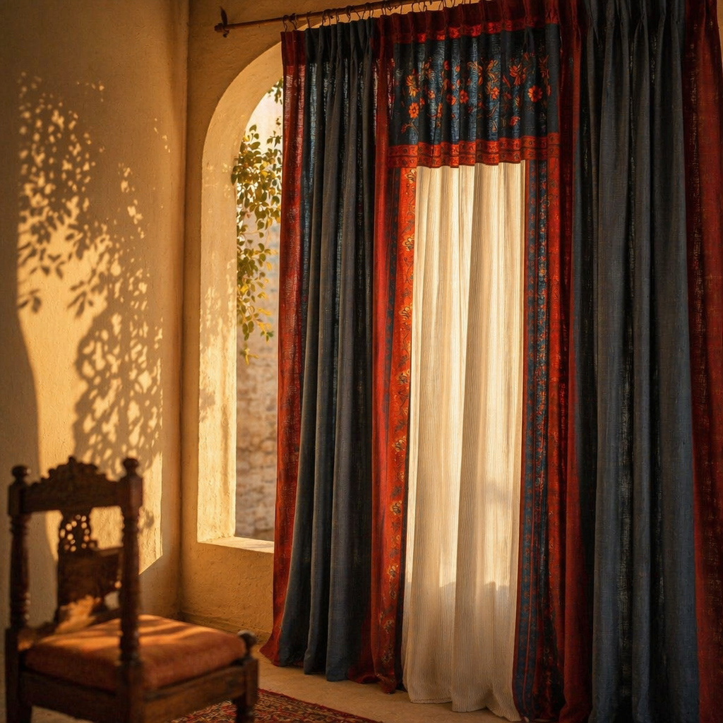 Chintz Assorted Set Ivory, Navy and Maroon Cotton Curtains, The Draped Window. Handmade in India by House of Taraasha.
