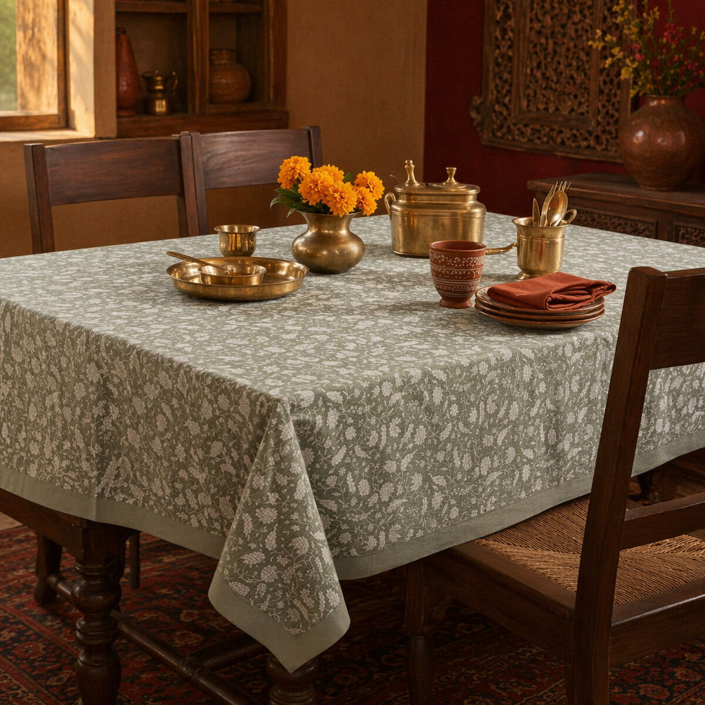 Floral Cotton Hand-Printed 4-Seater Tablecloth, The Gathered Table. Handmade in India by House of Taraasha.