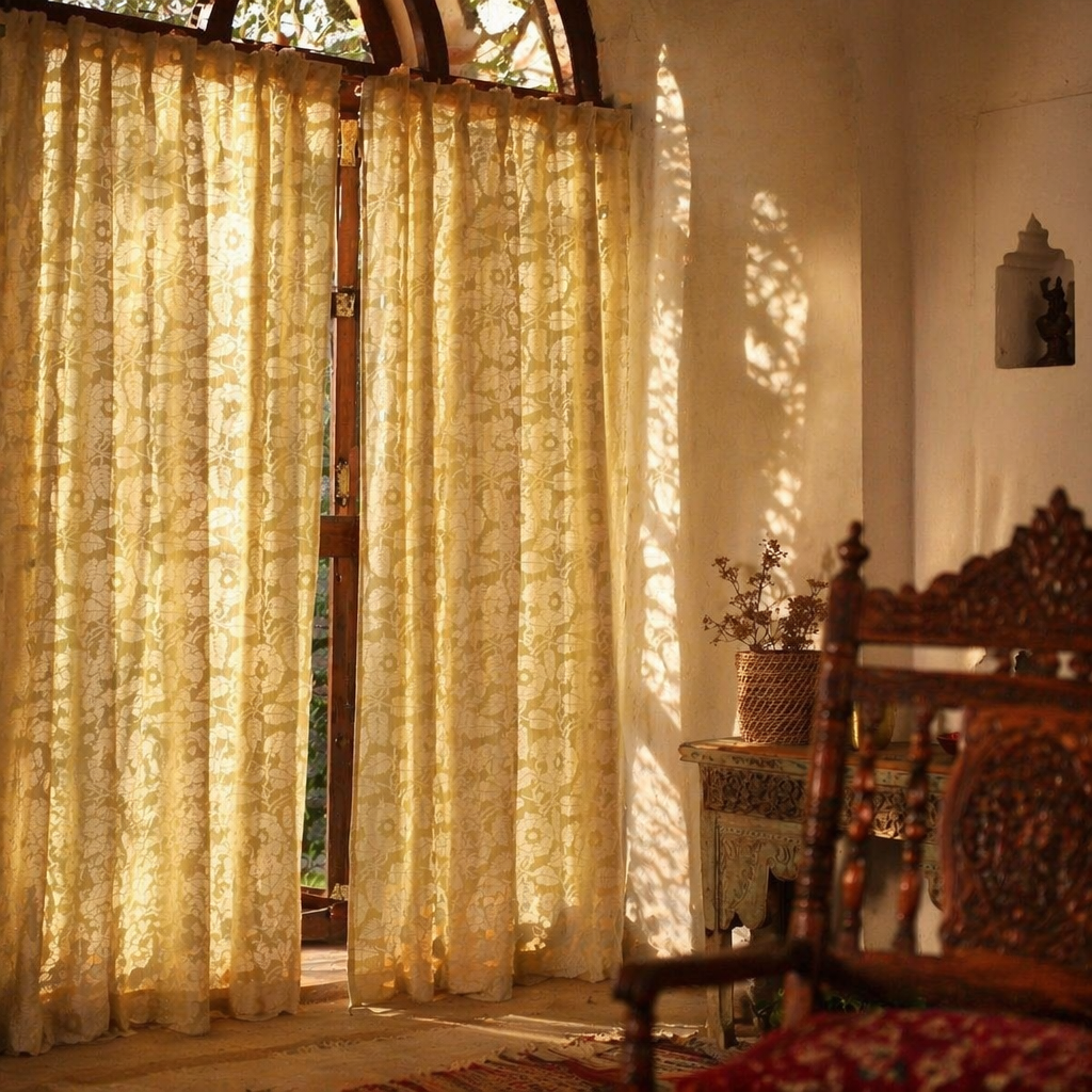 Pear Green Karhuwa Cutwork Door Curtain, The Draped Window. Handmade in India by House of Taraasha.