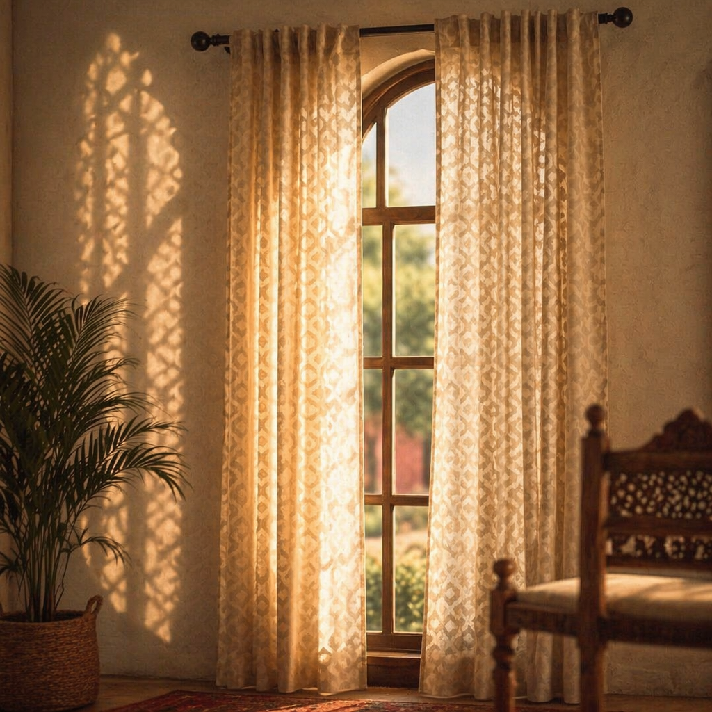 Karhuwa Cutwork Beige and White Semi-Sheer Curtain, The Draped Window. Handmade in India by House of Taraasha.