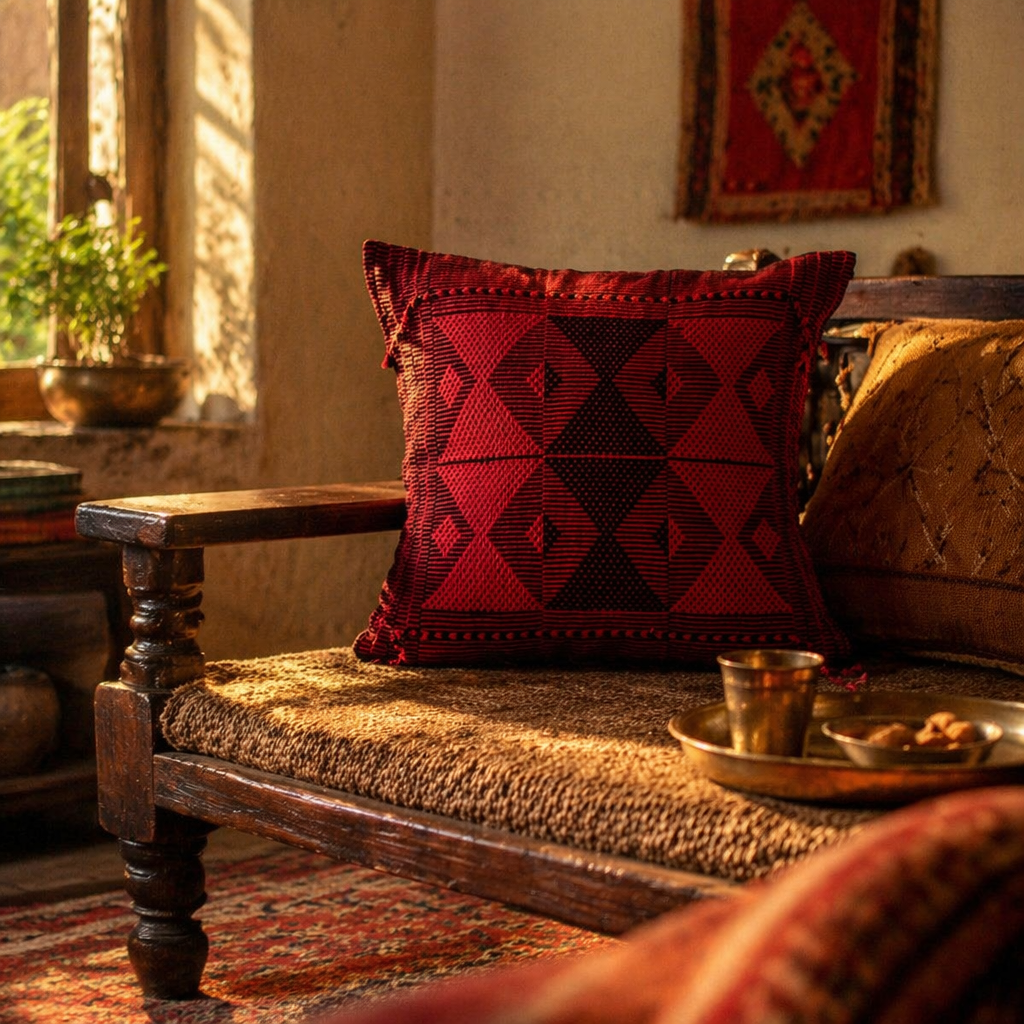 Naga Tribal Backstrap-Woven Red and Black Pattern Cushion Cover, The Living Room. Handmade in India by House of Taraasha.
