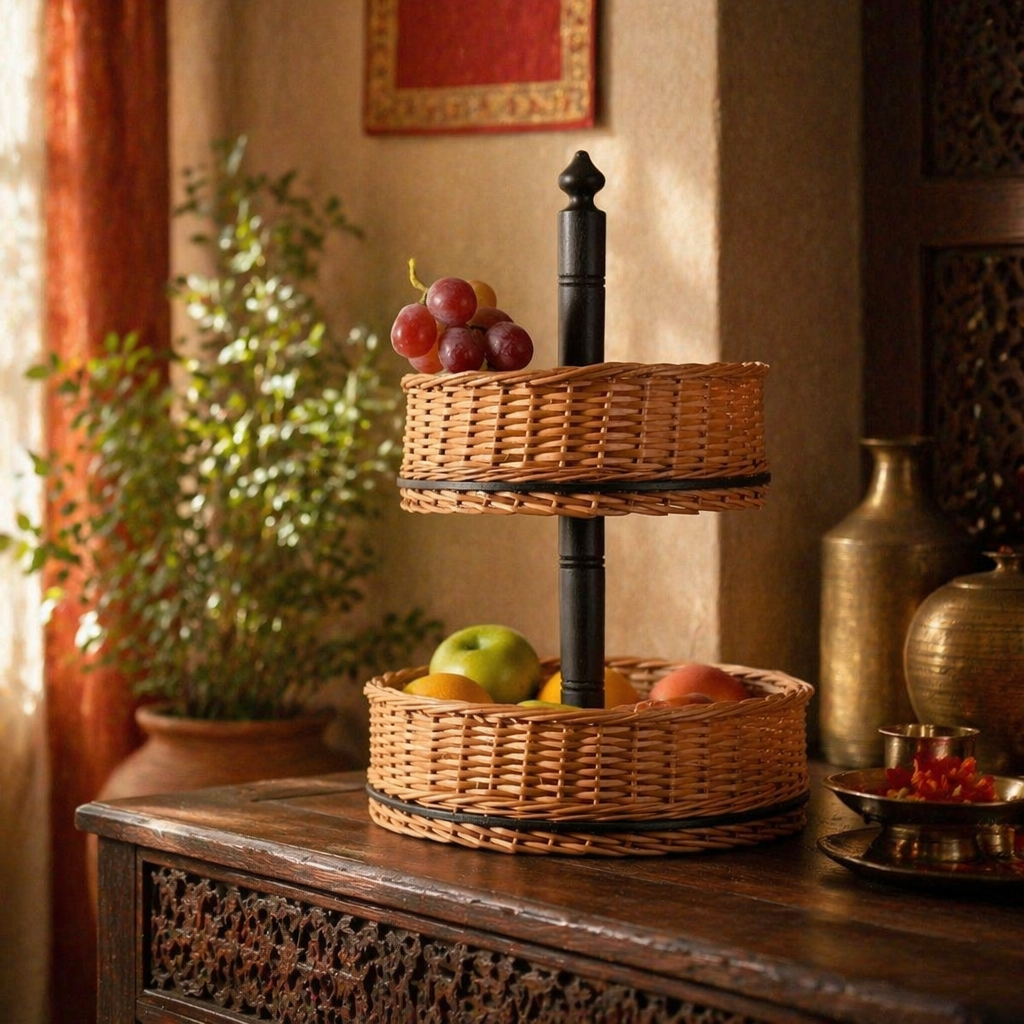 Kashmiri Two-Tier Collapsible Willow Fruit Basket, The Wicker House. Handmade in India by House of Taraasha.