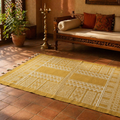 Mandana Mustard Hand-Printed Tribal Pattern Cotton Rug, The Woven Floor. Handmade in India by House of Taraasha.