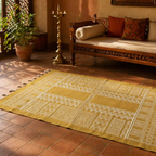 Mandana Mustard Hand-Printed Tribal Pattern Cotton Rug, The Woven Floor. Handmade in India by House of Taraasha.