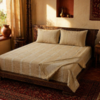 Beige & White Textured Hand-Printed Bedsheet, The Linen Room. Handmade in India by House of Taraasha.
