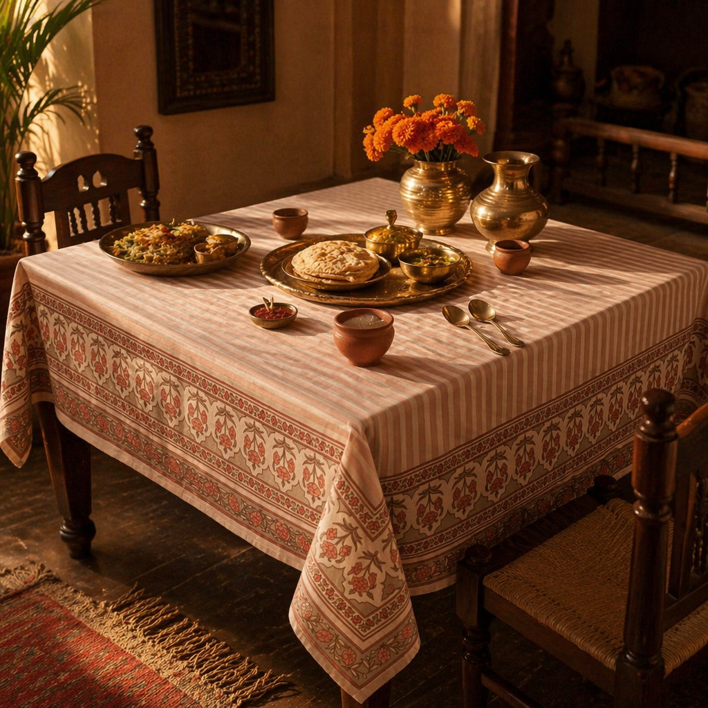 Royal Courtyards Table Cloth Dusty Pink and Off-White, The Gathered Table. Handmade in India by House of Taraasha.