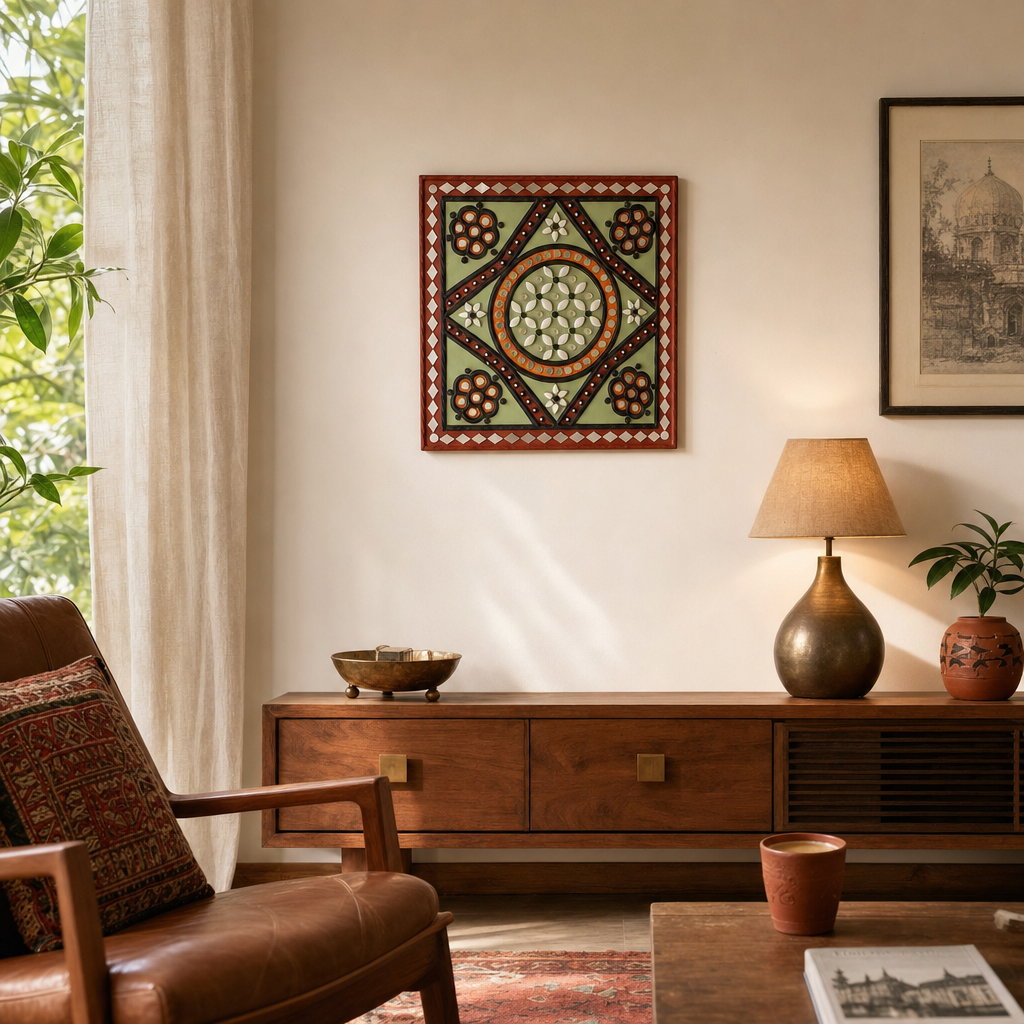 Green Lippan Square Mud & Mirror Wall Hanging in a modern home