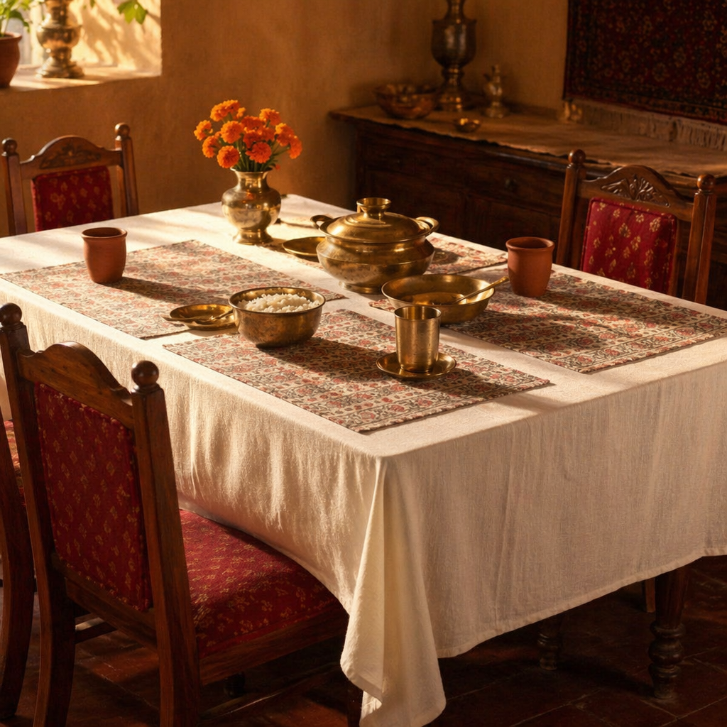 Dusty Pink & Off-White Floral Cotton Table Mat, The Gathered Table. Handmade in India by House of Taraasha.