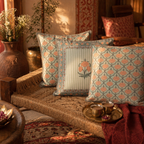 Jaali and Floral Green and Dusty Pink Cushion Cover Set, The Living Room. Handmade in India by House of Taraasha.