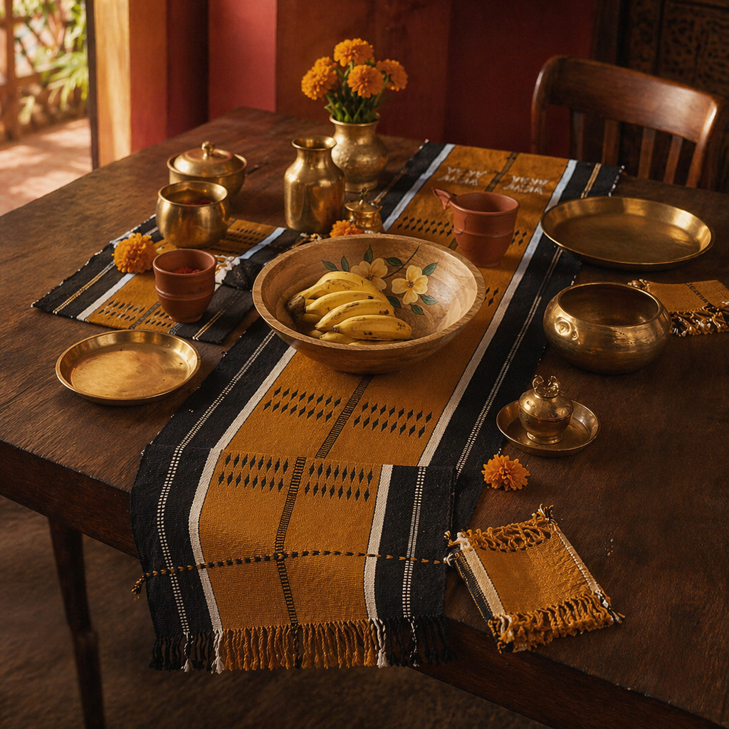 Naga Backstrap-Woven Runner Mustard and Black, The Gathered Table. Handmade in India by House of Taraasha.