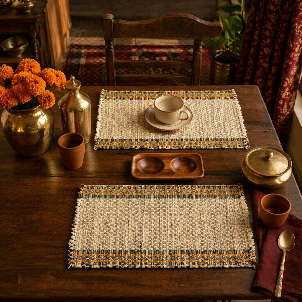 Madur Beige Handwoven Grass Table Mats, The Gathered Table. Handmade in India by House of Taraasha.