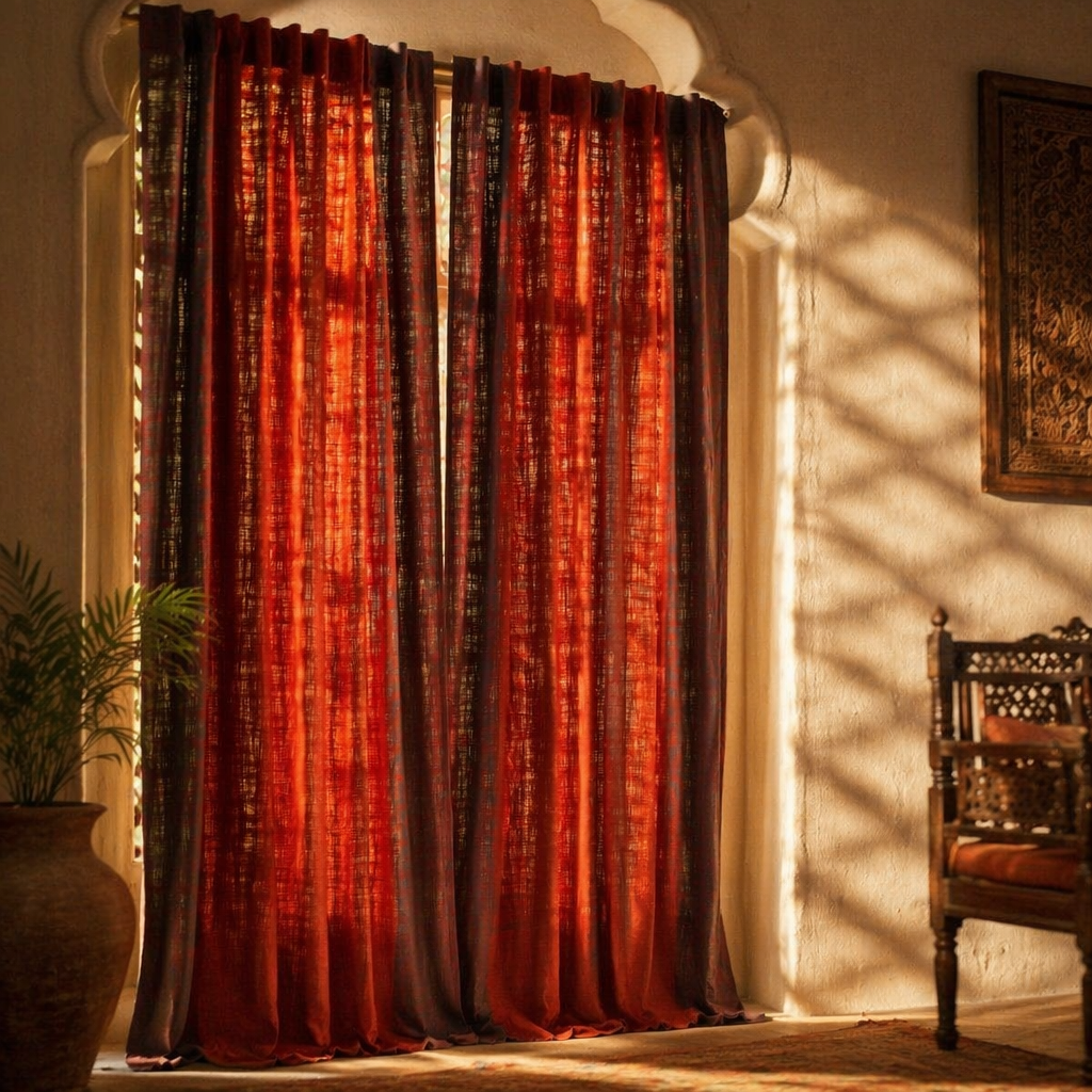 Brick Red Solid Cotton Door Curtain, The Draped Window. Handmade in India by House of Taraasha.