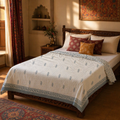 Sanganer Blue Mulmul Cotton Quilted Comforter, The Linen Room. Handmade in India by House of Taraasha.