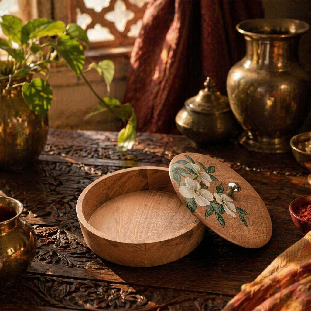 Rajasthani Hand-Painted Mango Wood Roti Box, The Wood Table. Handmade in India by House of Taraasha.