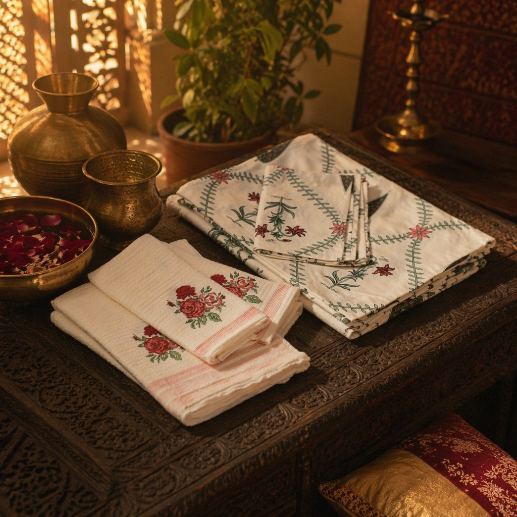 White and Pink Floral Bed and Bath Gift Set, The Gift Room. Handmade in India by House of Taraasha.