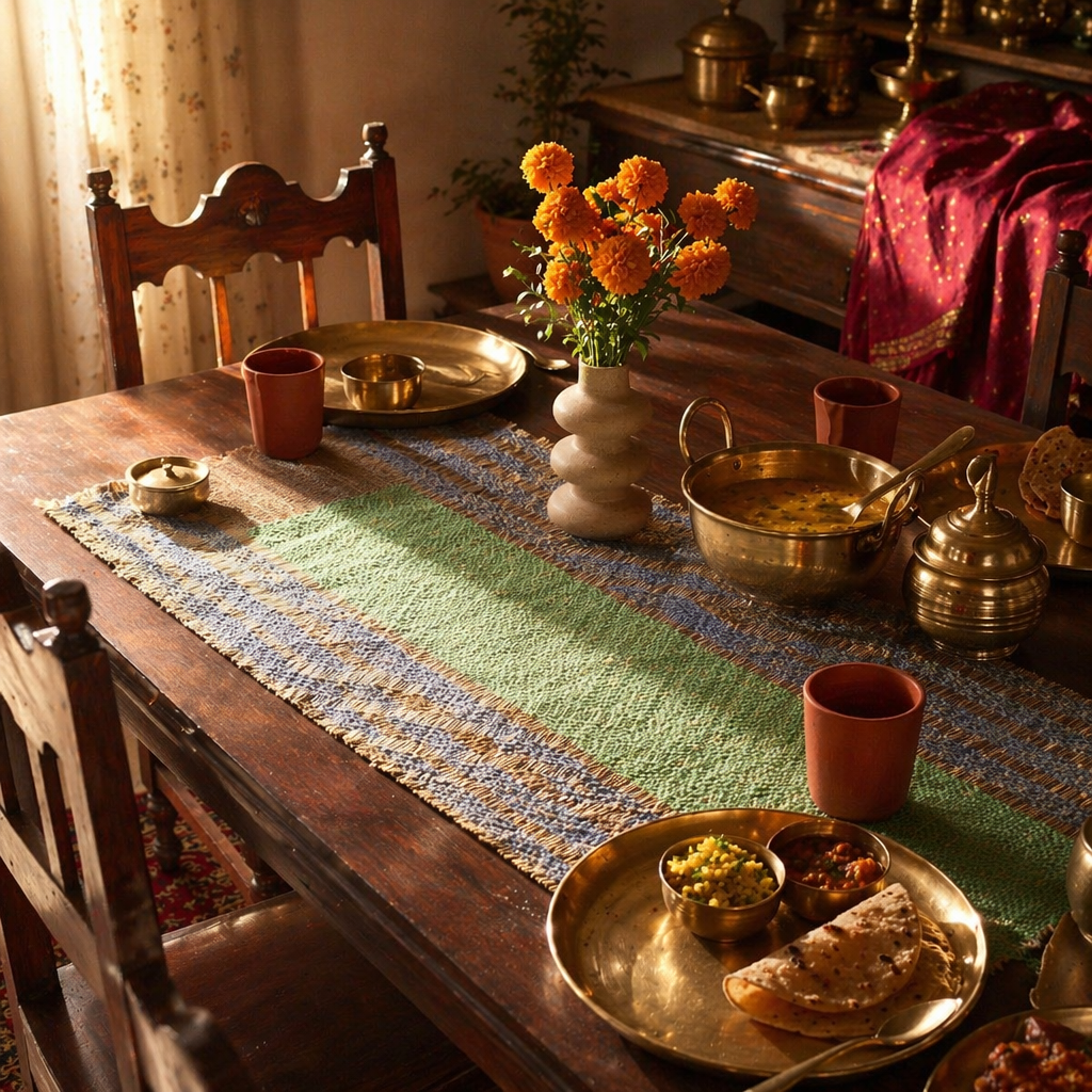 Madur Teal & Blue Handwoven Grass Runner, The Gathered Table. Handmade in India by House of Taraasha.