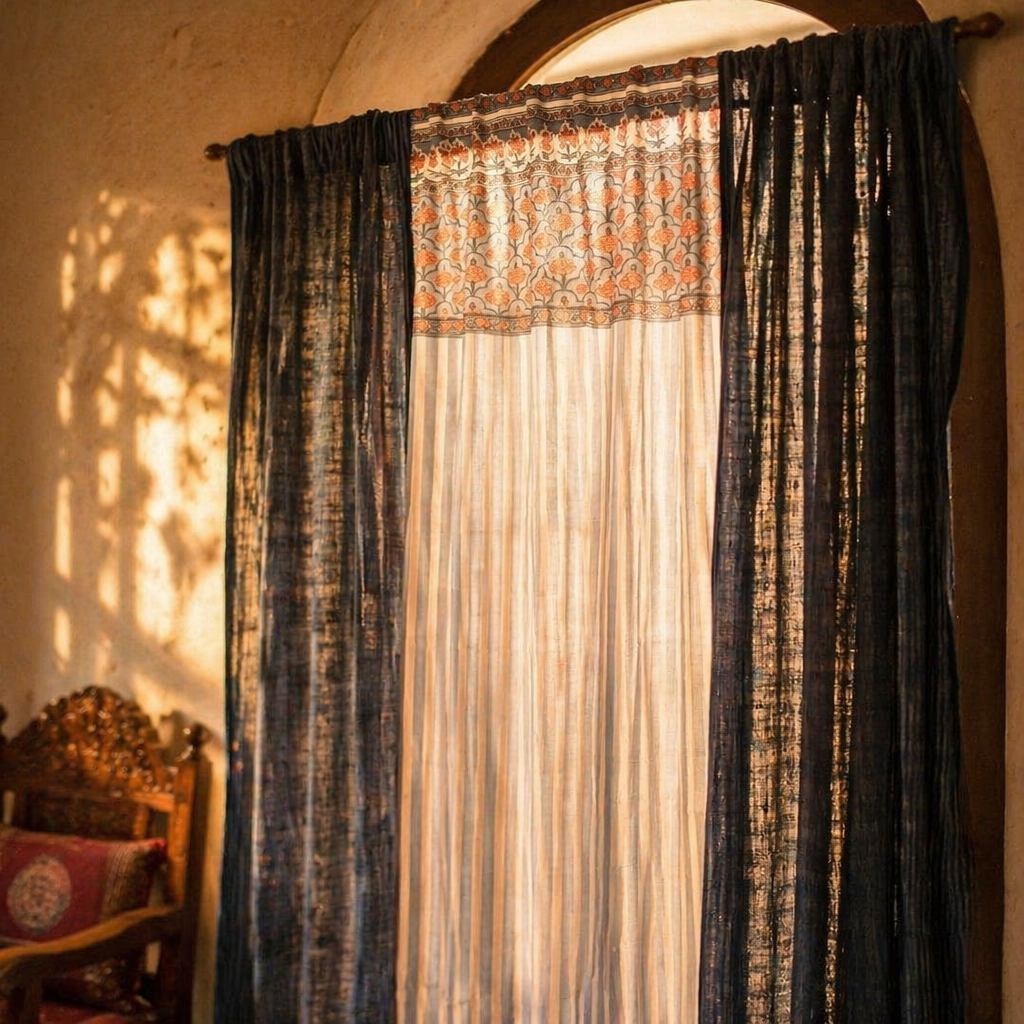 Handwoven & Printed Blue and Dusty Pink Cotton Curtains, The Draped Window. Handmade in India by House of Taraasha.