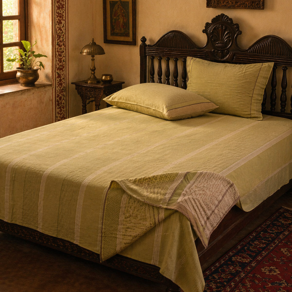 Sage Green & White Textured Sanganer Bedsheet, The Linen Room. Handmade in India by House of Taraasha.