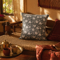 Charcoal and Off White Hand Block-Printed Floral Cushion Cover. Handmade in India by House of Taraasha.