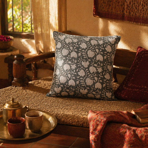Charcoal and Off White Hand Block-Printed Floral Cushion Cover. Handmade in India by House of Taraasha.