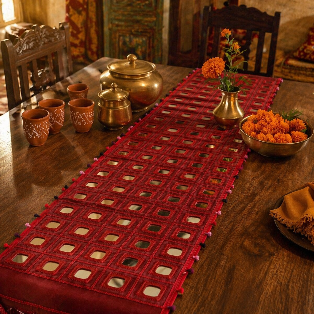 Lambani Mirrorwork Runner Maroon, The Gathered Table. Handmade in India by House of Taraasha.