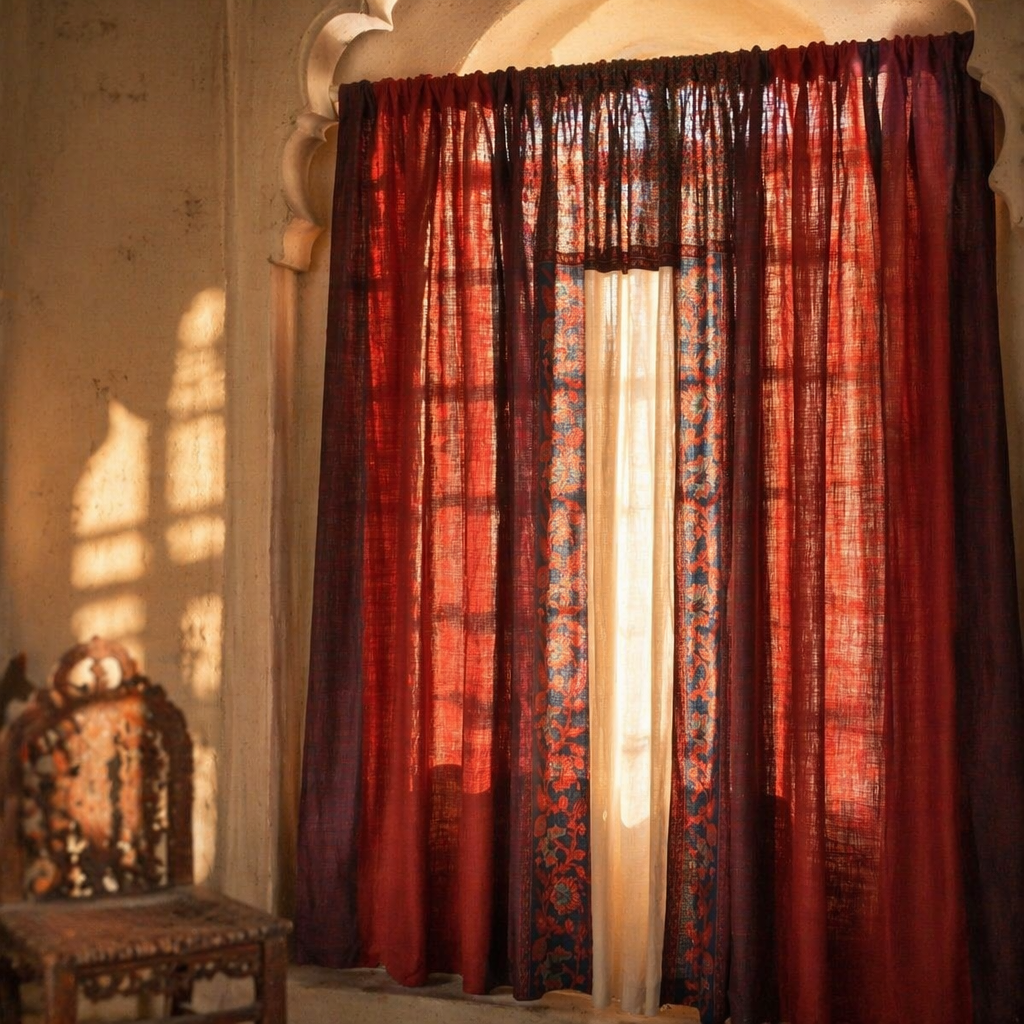 Chintz Assorted Set Brick Red, Navy and Ivory Cotton Curtains, The Draped Window. Handmade in India by House of Taraasha.