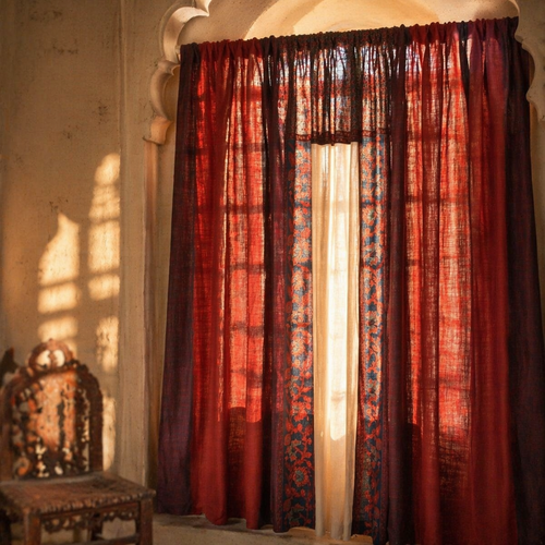 Chintz Assorted Set Brick Red, Navy and Ivory Cotton Curtains, The Draped Window. Handmade in India by House of Taraasha.