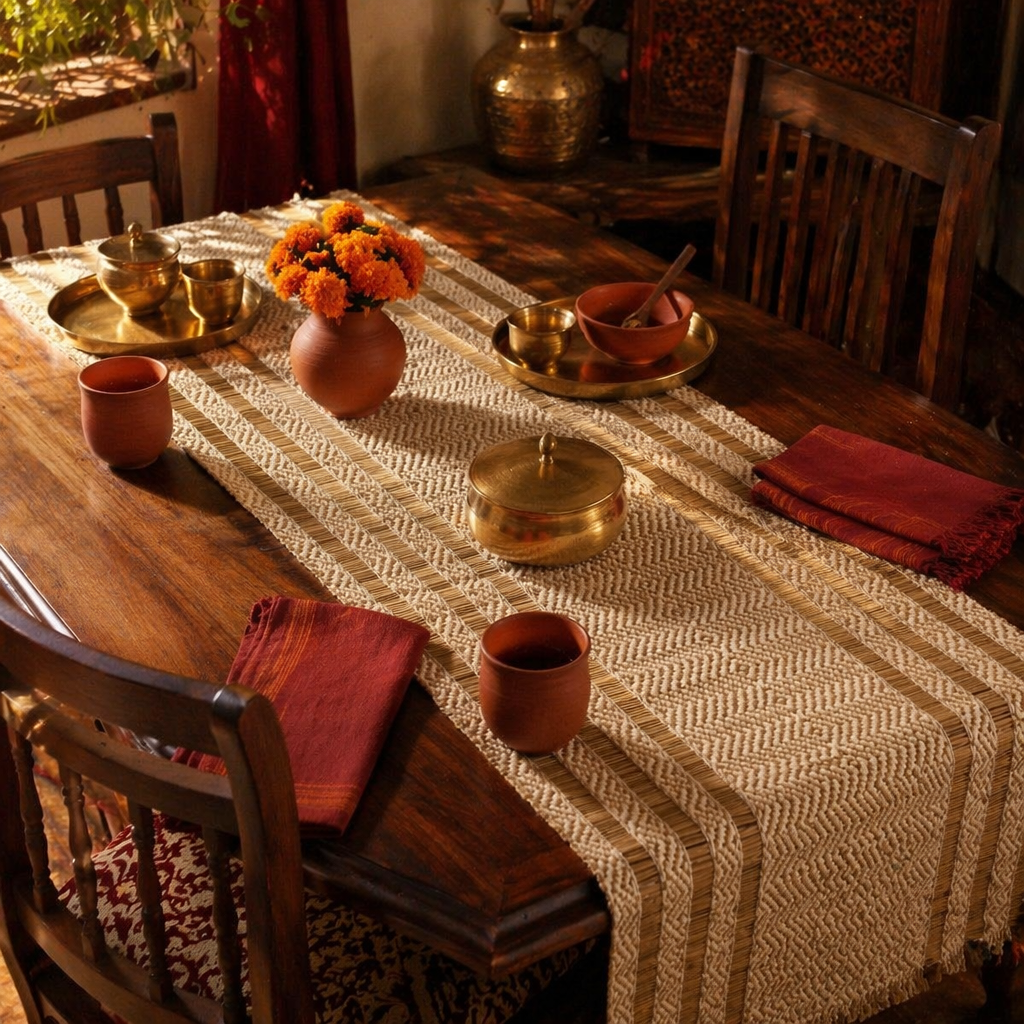 Madur Grass Woven Runner Off-White, The Gathered Table. Handmade in India by House of Taraasha.