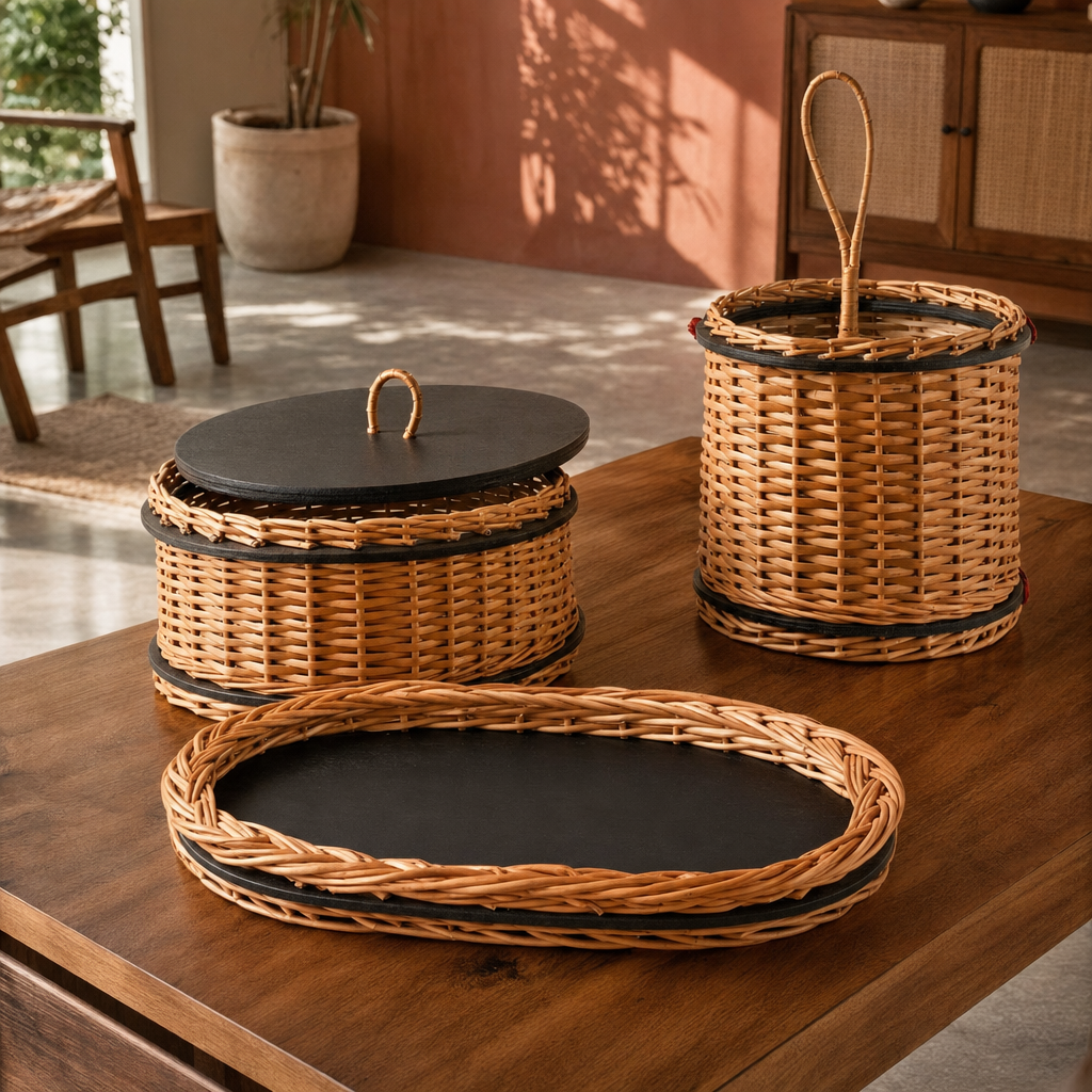 Kashmir Willow Storage Box, Tray & Cutlery Caddy in a modern home