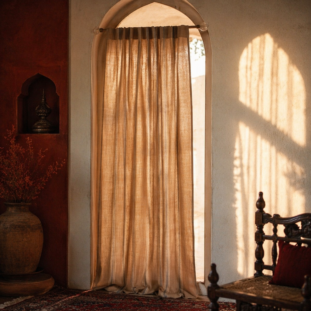 Handwoven Stripe Beige and Blue Cotton Curtain, The Draped Window. Handmade in India by House of Taraasha.
