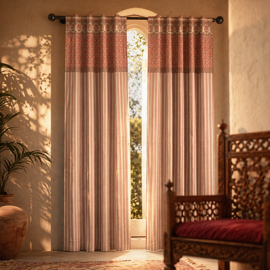 Dusty Pink and Off-White Floral Stripe Cotton Door Curtain, The Draped Window. Handmade in India by House of Taraasha.