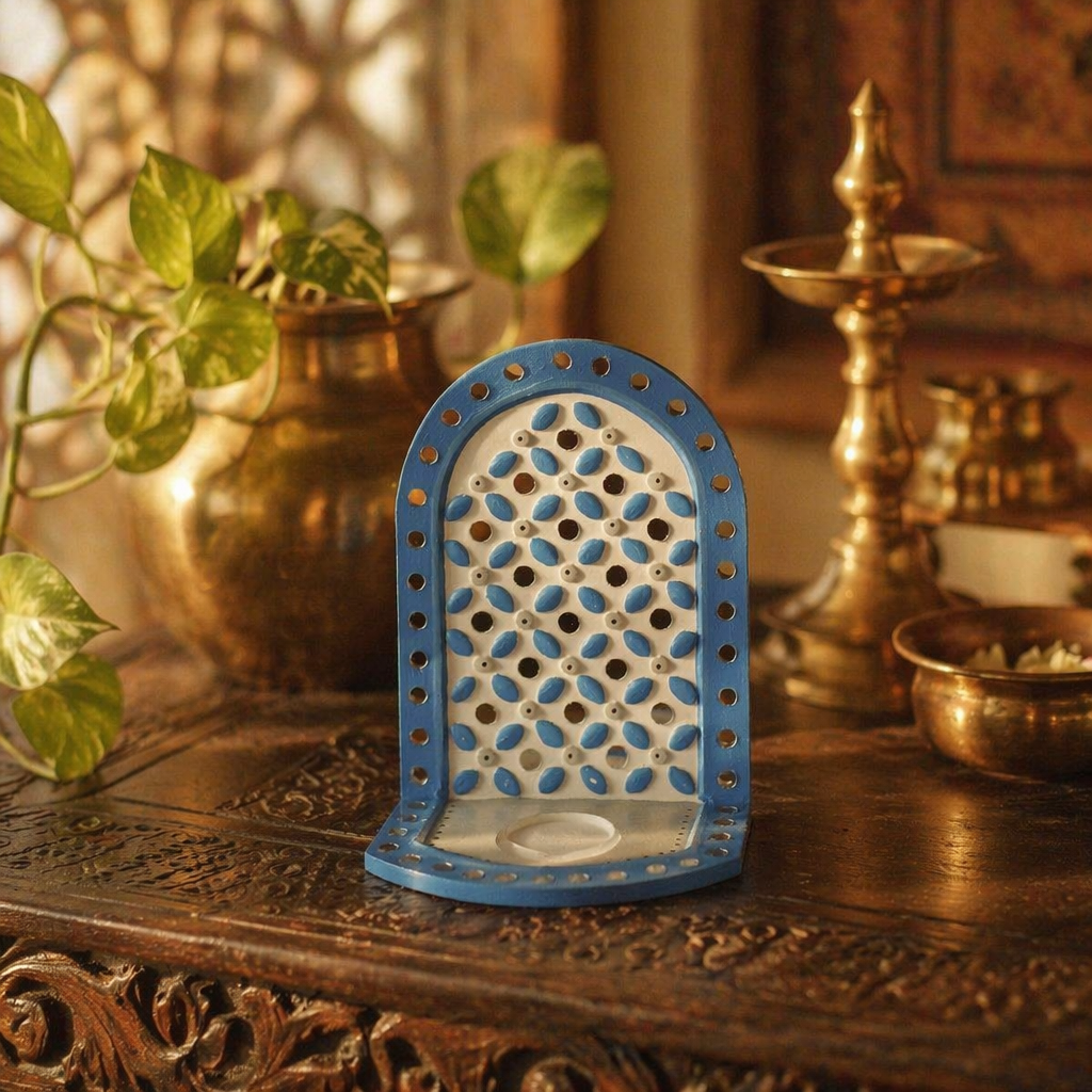 Blue Lippan Mud and Mirror Tea Light Holder, Still Light. Handmade in India by House of Taraasha.