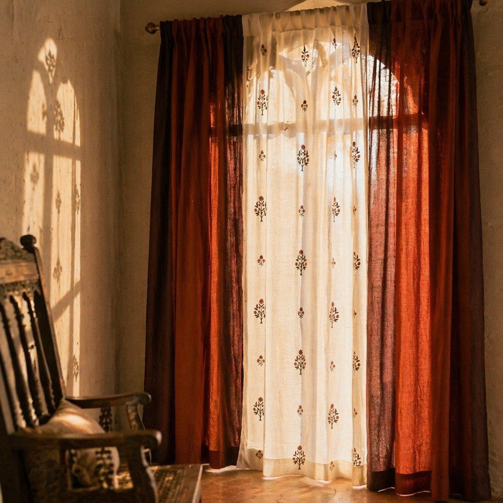 Royal Courtyards Rust & Maroon Woven-Sheer Set of Three, The Draped Window. Handmade in India by House of Taraasha.