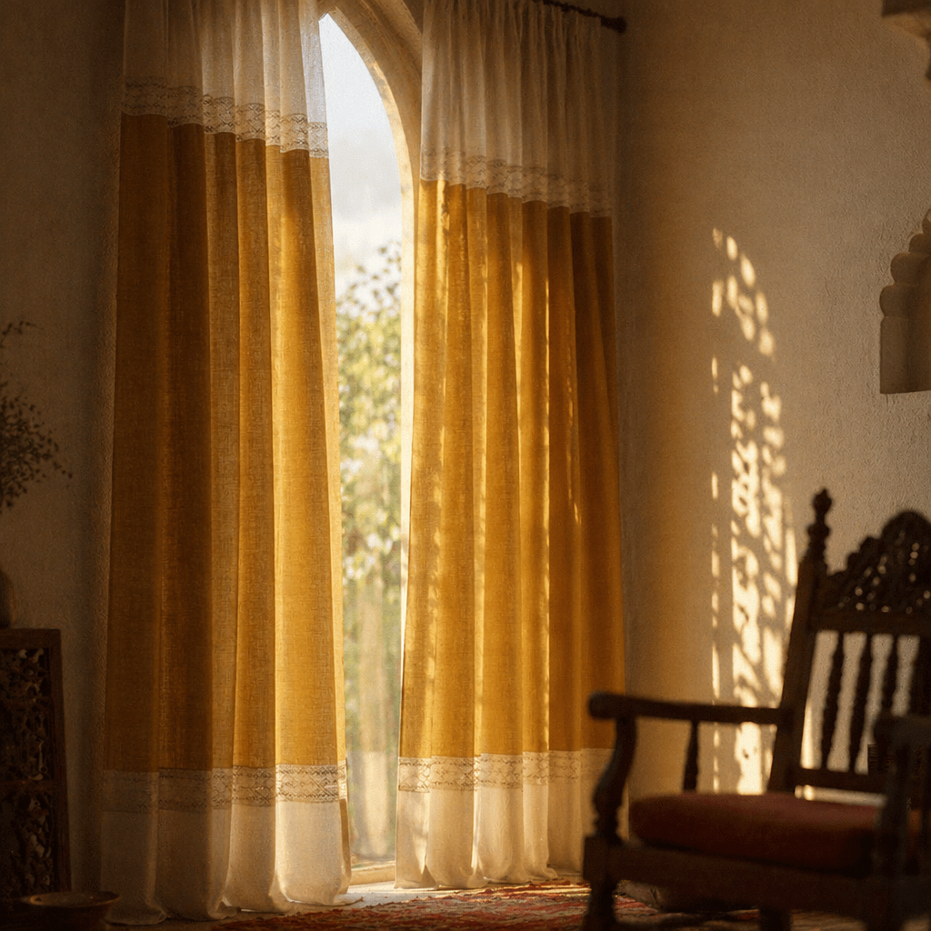 Reversible Mustard and Off-White Door Curtain, The Draped Window. Handmade in India by House of Taraasha.