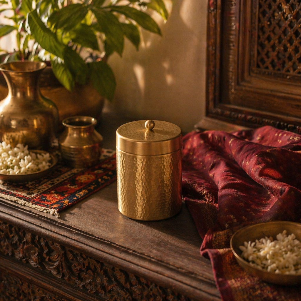 Moradabad Hammered Pure Brass Dabba, Medium, The Brass Atelier. Handmade in India by House of Taraasha.