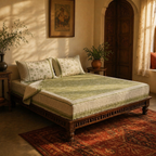 Marigold Fern Green and Off-White Bedsheet, The Linen Room. Handmade in India by House of Taraasha.