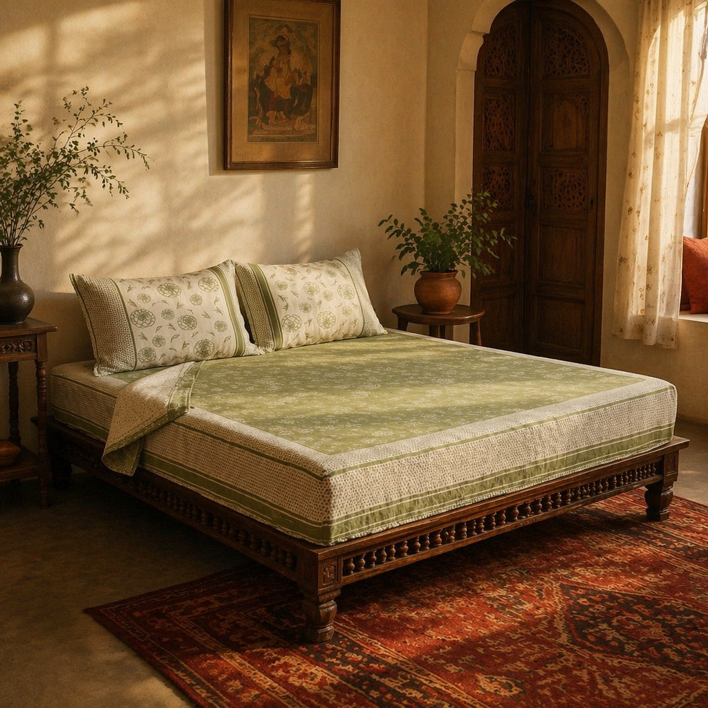 Marigold Fern Green and Off-White Bedsheet, The Linen Room. Handmade in India by House of Taraasha.