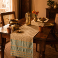 Applique Cutwork Runner Taupe and Teal Blue, The Gathered Table. Handmade in India by House of Taraasha.