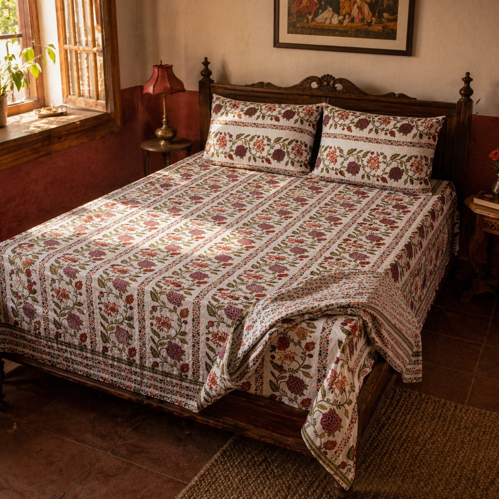 Floral Vine 300 TC Block-Printed Cotton Bedsheet, The Linen Room. Handmade in India by House of Taraasha.
