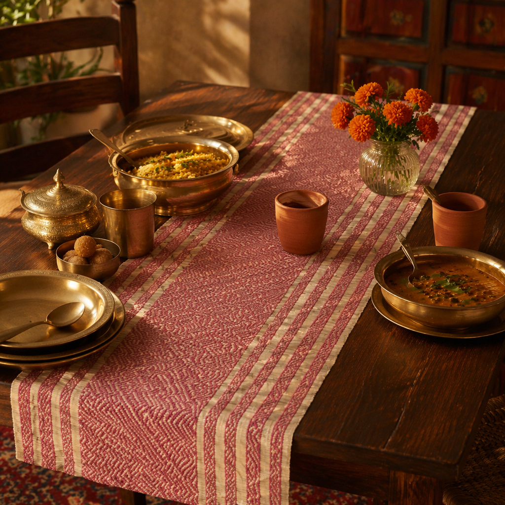 Madur Grass Woven Runner Blush Pink and Beige, The Gathered Table. Handmade in India by House of Taraasha.