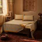 Mustard & Black Bagru Chevron Bedsheet, The Linen Room. Handmade in India by House of Taraasha.