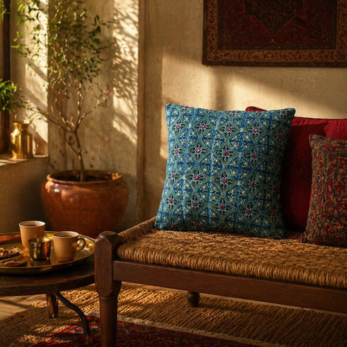 Ajrakh Green and Indigo Embroidered Cushion Cover, The Living Room. Handmade in India by House of Taraasha.