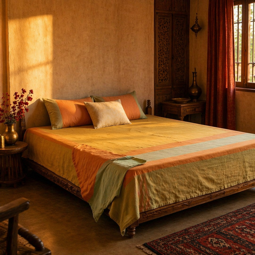 Marigold Citrine Yellow and Green Woven Bed Cover, The Linen Room. Handmade in India by House of Taraasha.