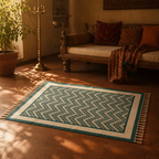 Ivory Chevron Hand Block-Printed Cotton Chintz Rug, The Woven Floor. Handmade in India by House of Taraasha.