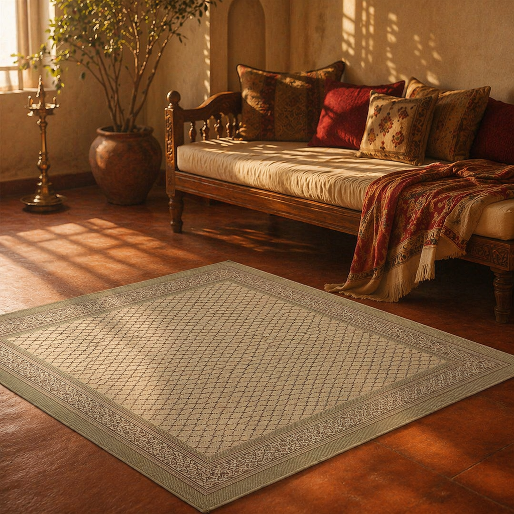 Aqua Green Hand Block-Printed Cotton Floor Rug, The Woven Floor. Handmade in India by House of Taraasha.