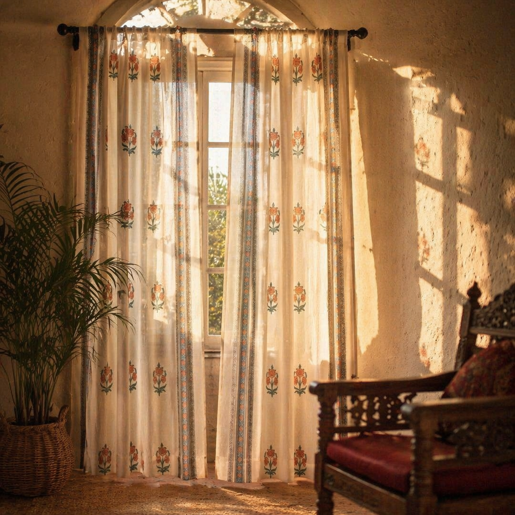 Sheer Blue and Dusty Pink Mulmul Curtain, The Draped Window. Handmade in India by House of Taraasha.