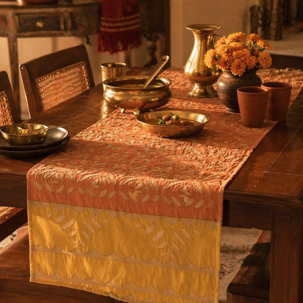 Applique Cutwork Runner Coral and Mustard, The Gathered Table. Handmade in India by House of Taraasha.