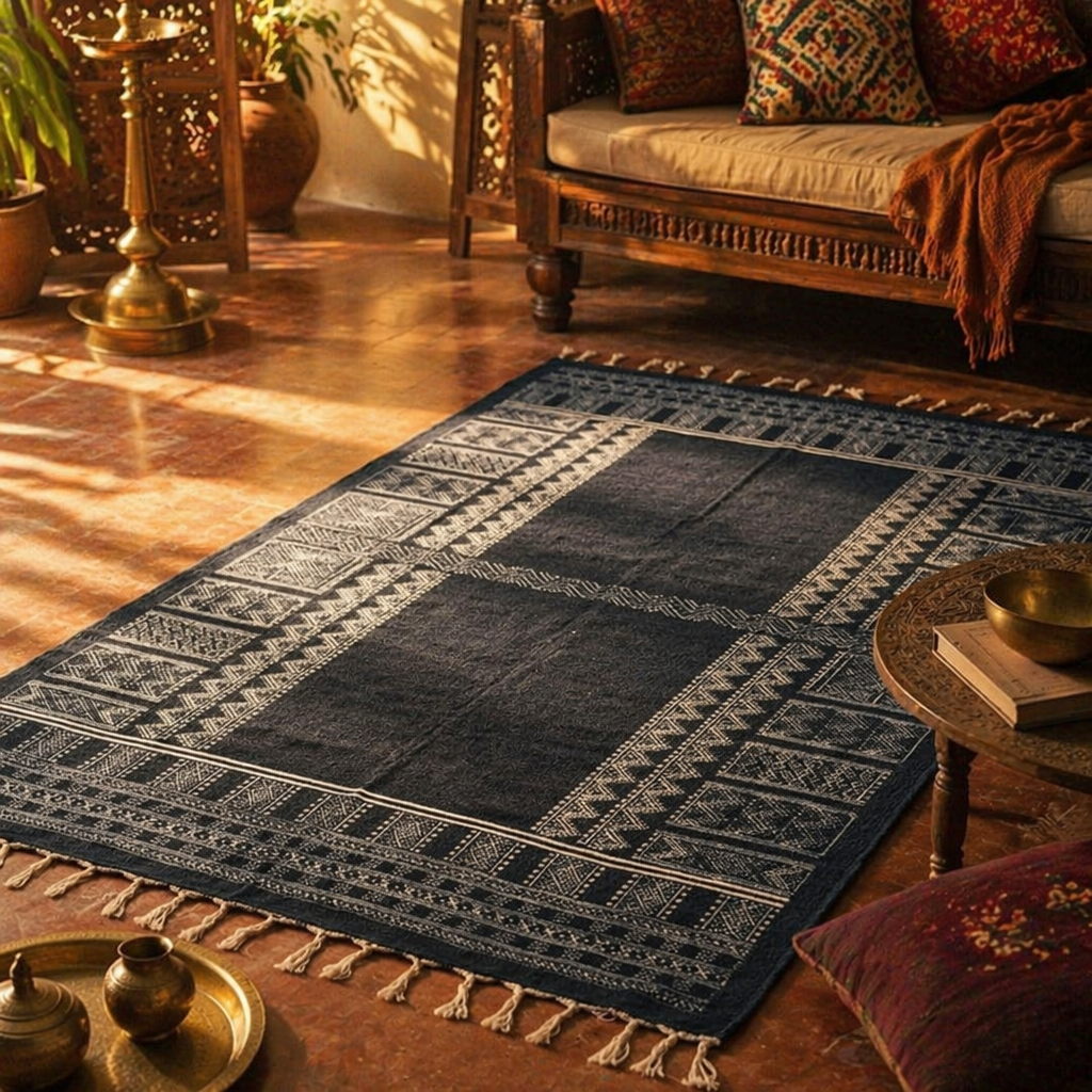 Jaipuri Dark Blue Hand-Printed Cotton Floor Rug, The Woven Floor. Handmade in India by House of Taraasha.
