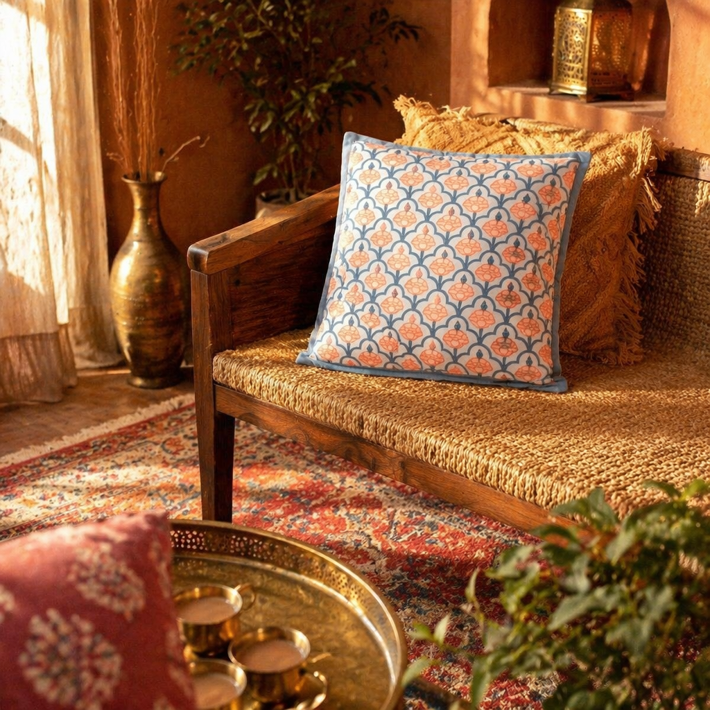 Blue and Dusty Pink Jaali Courtyards Cushion Cover, The Living Room. Handmade in India by House of Taraasha.