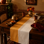 Crochet-Edged Runner Mustard and Off-White, The Gathered Table. Handmade in India by House of Taraasha.